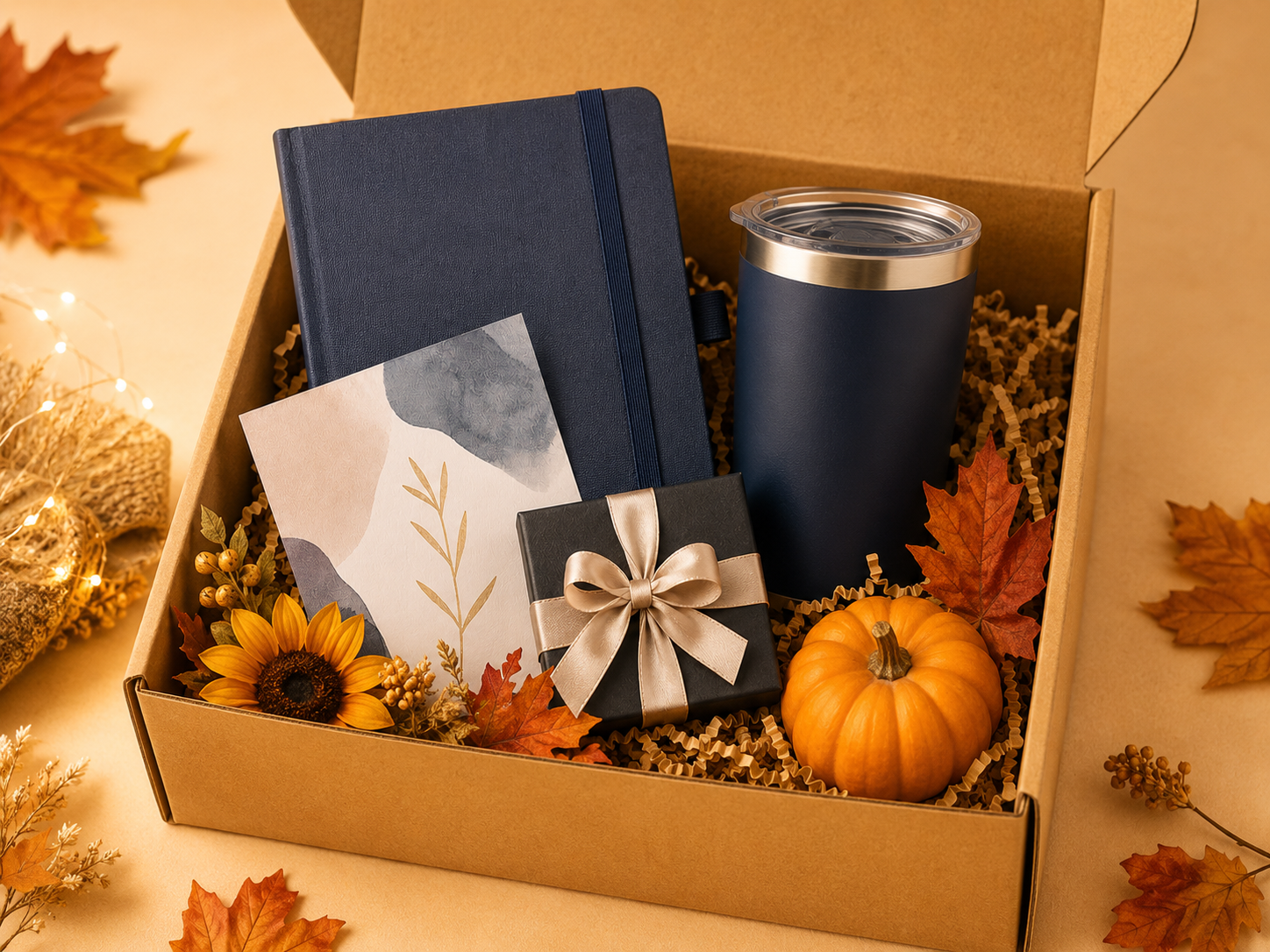 Premium employee anniversary gift kit with a notebook, tumbler, keepsake box, and appreciation card