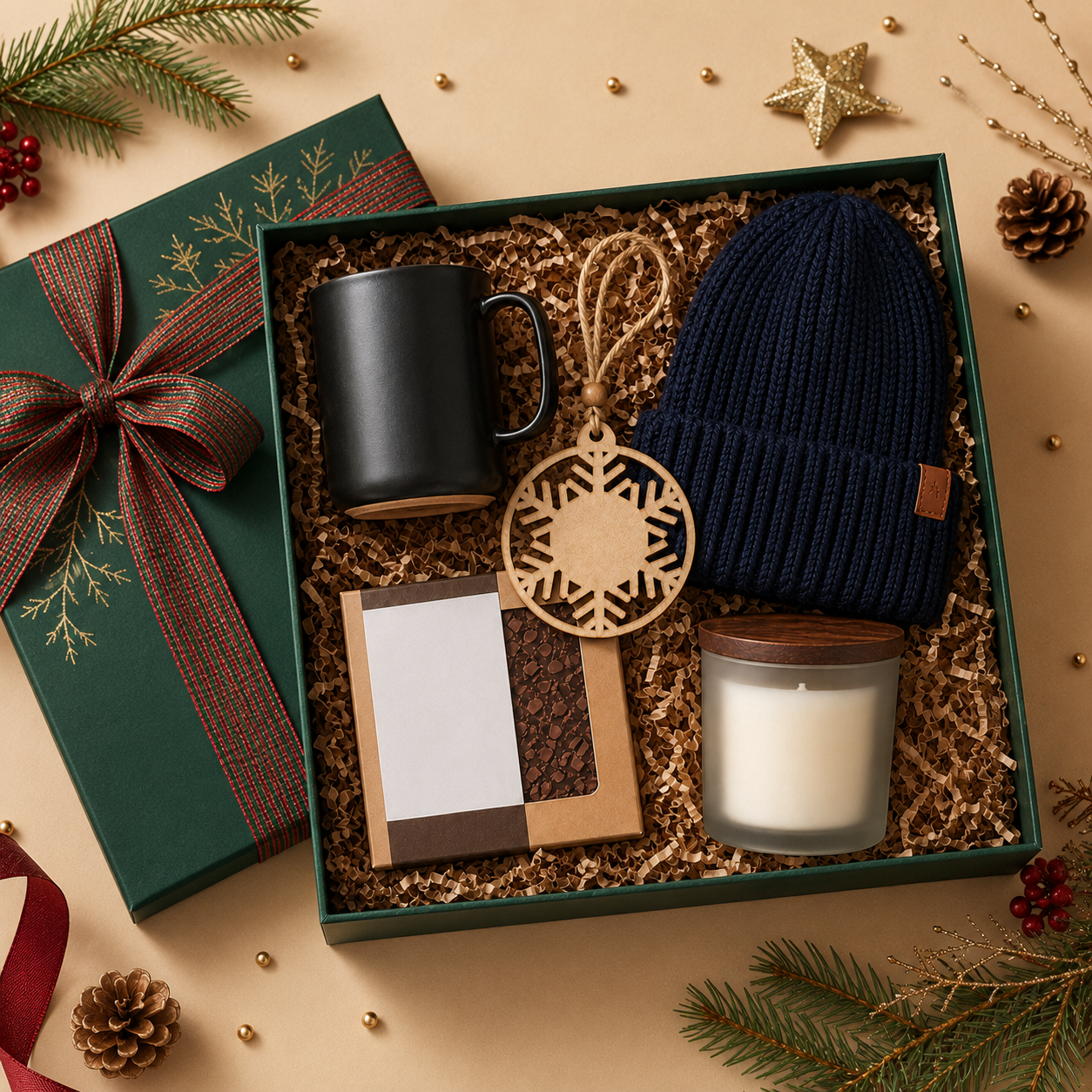 Festive corporate holiday gift kit with a premium mug, gourmet cocoa, wooden ornament, navy knit beanie, and seasonal candle