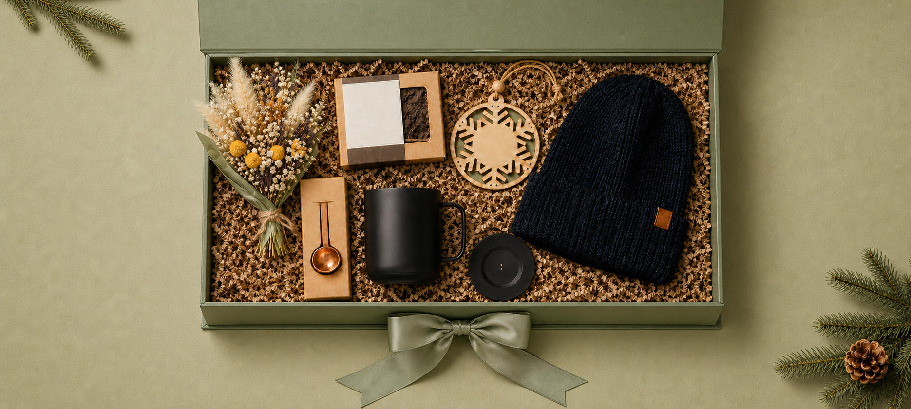 Festive sage gift box containing a premium mug, gourmet cocoa set, wooden ornament, navy knit beanie, copper measuring spoon, and candle