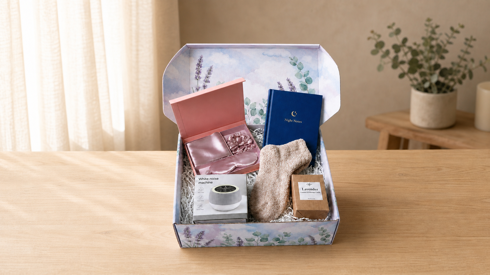 Open employee wellness gift box with a sleep mask, night-notes journal, white-noise machine, soft socks, and lavender candle