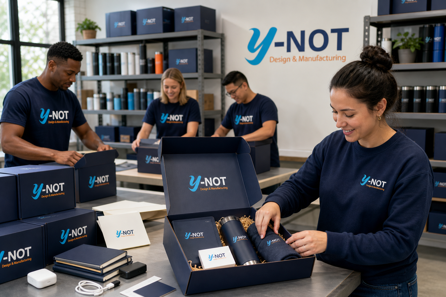 Y-Not team assembling branded holiday and milestone gift boxes in the fulfillment studio